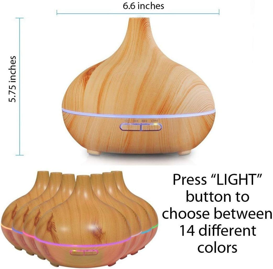 Aroma Essential Oil Diffuser, 500Ml Wood Grain Ultrasonic Cool Mist Whisper-Quiet Humidifier with Color LED Lights Changing & 4 Timer Settings, with Remote Control (Brown)