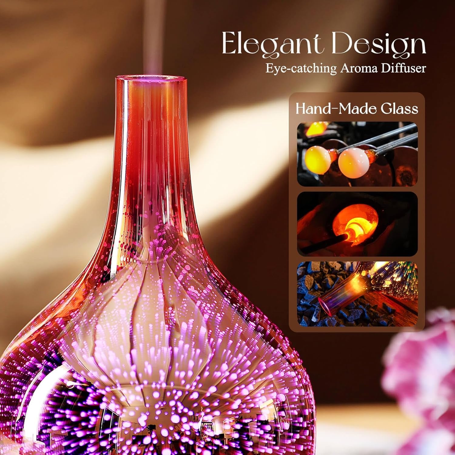Rose Gold Essential Oil Diffuser 3D Glass Aromatherapy Ultrasonic Humidifier, Waterless Auto-Off, Timer Setting, BPA Free, Air Refresh for Home Hotel Yoga Leisure SPA Gift 100Ml