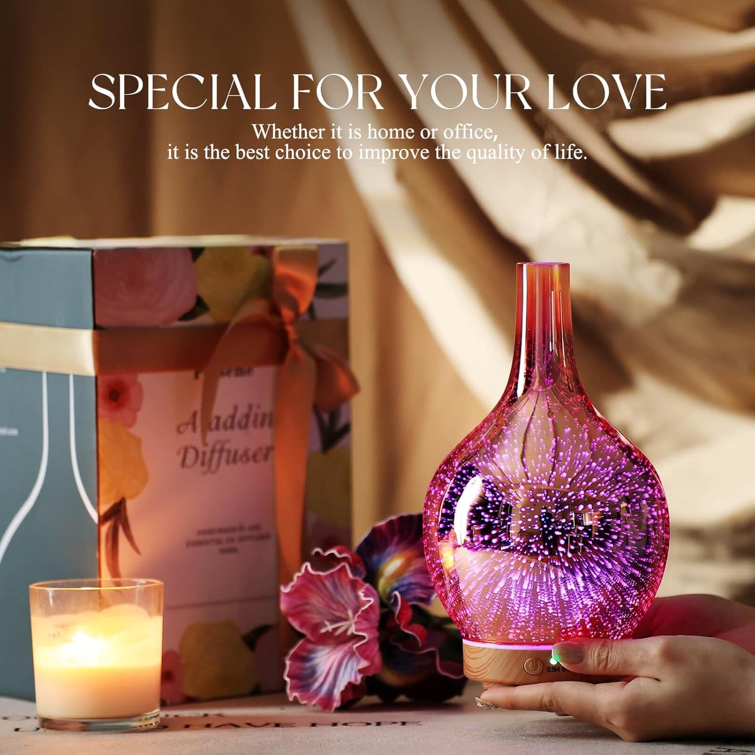 Rose Gold Essential Oil Diffuser 3D Glass Aromatherapy Ultrasonic Humidifier, Waterless Auto-Off, Timer Setting, BPA Free, Air Refresh for Home Hotel Yoga Leisure SPA Gift 100Ml