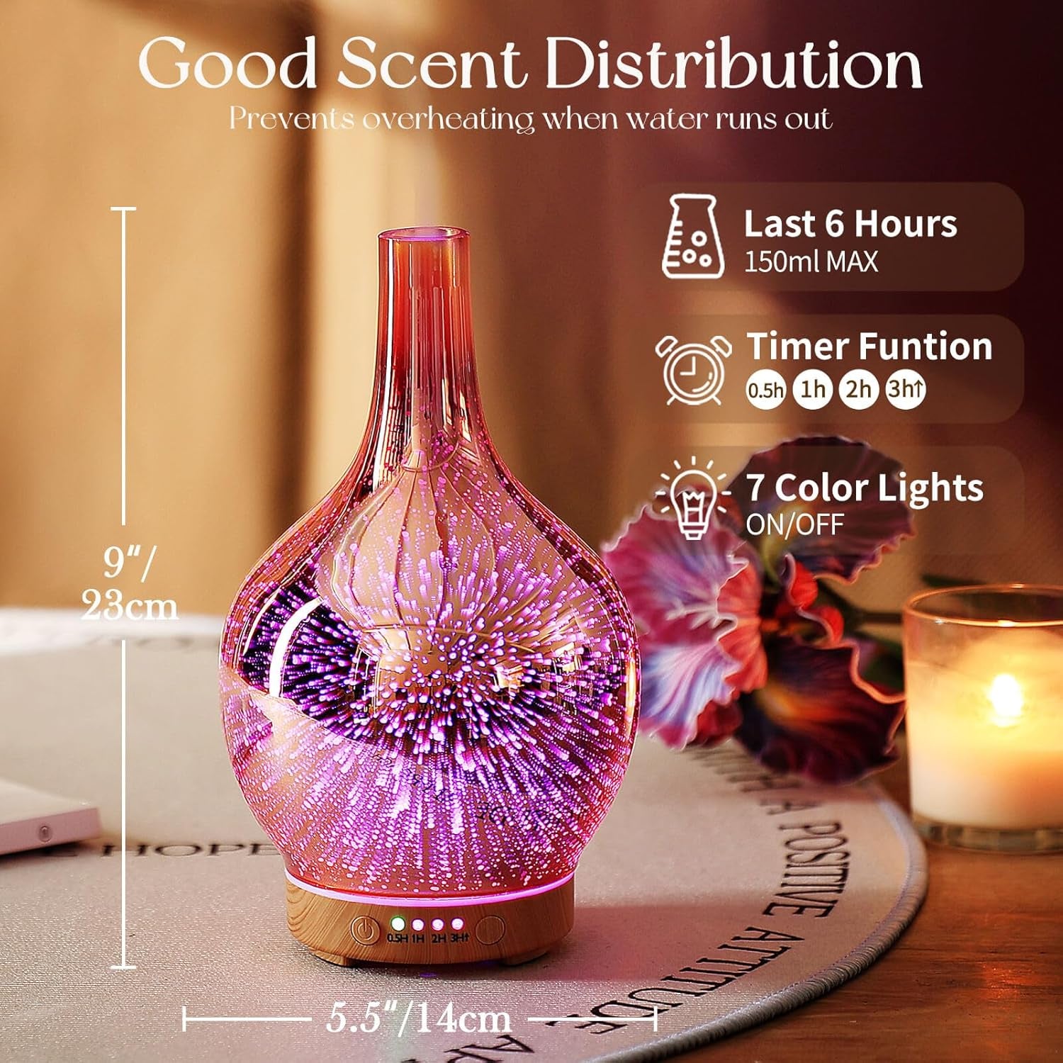Rose Gold Essential Oil Diffuser 3D Glass Aromatherapy Ultrasonic Humidifier, Waterless Auto-Off, Timer Setting, BPA Free, Air Refresh for Home Hotel Yoga Leisure SPA Gift 100Ml