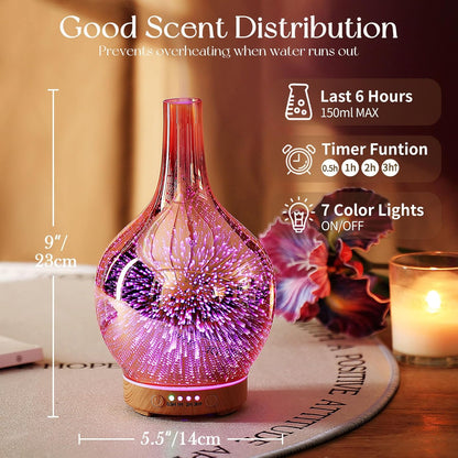 Rose Gold Essential Oil Diffuser 3D Glass Aromatherapy Ultrasonic Humidifier, Waterless Auto-Off, Timer Setting, BPA Free, Air Refresh for Home Hotel Yoga Leisure SPA Gift 100Ml