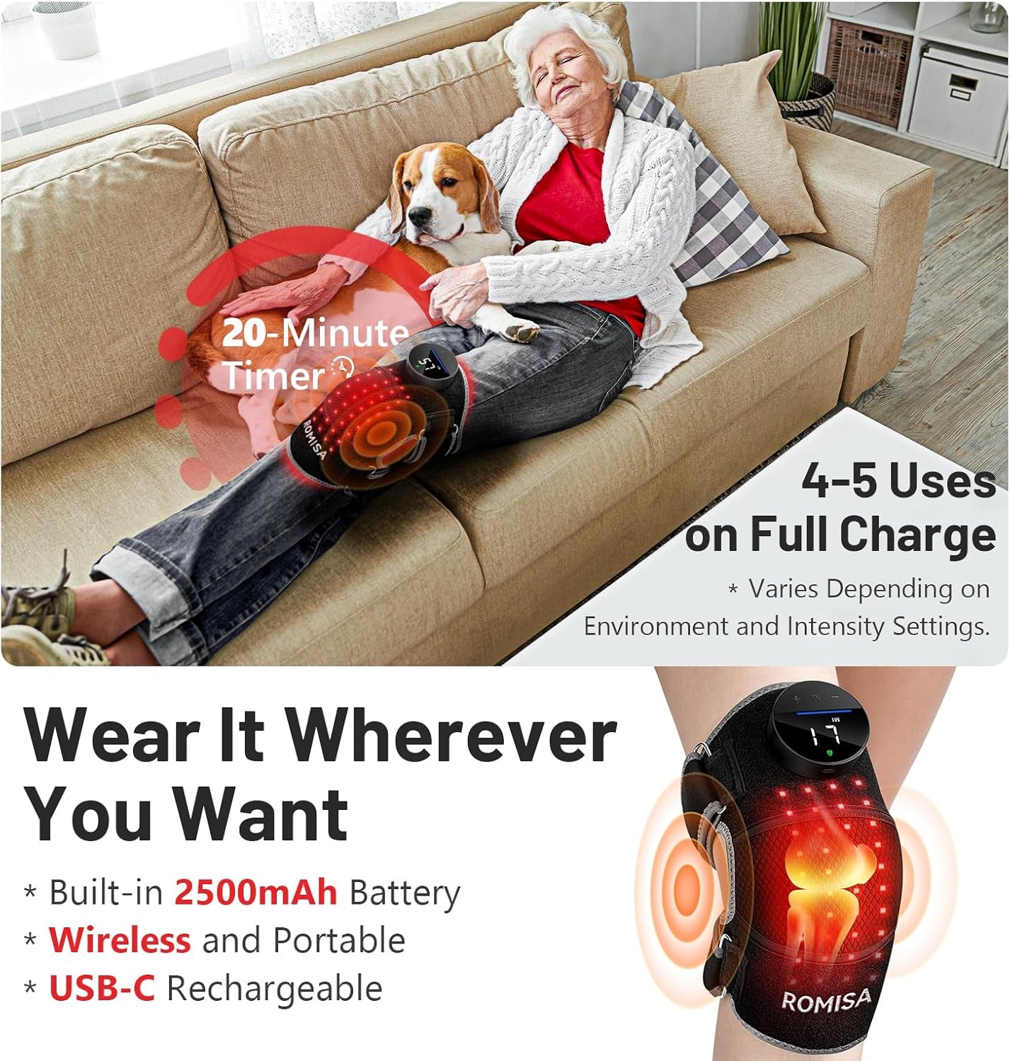 Red Light Therapy Knee Brace Vibration Knee Massage for Pain Relief, 660Nm&850Nm Rechargeable near Infrared Light Therapy Device for Knee/Elbow/Shoulder Faster Recovery for Cordless Use