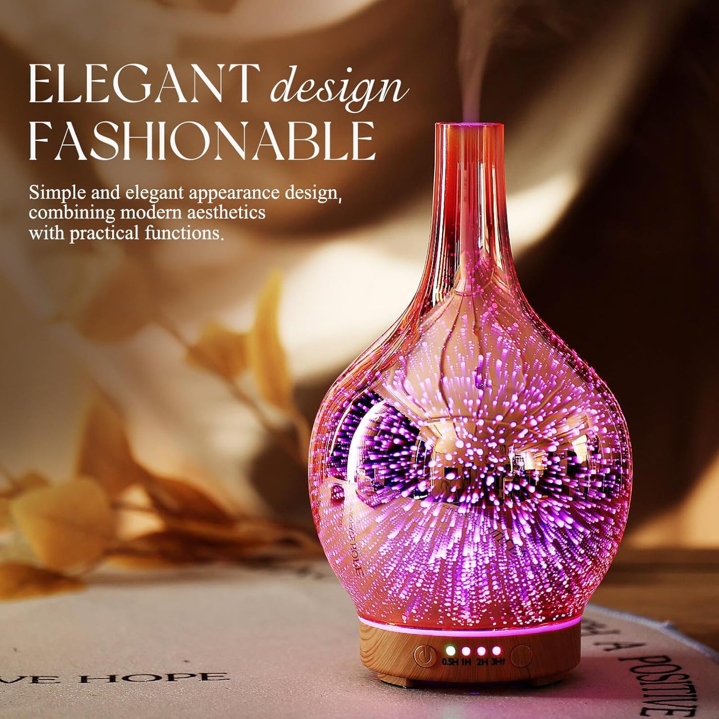 Rose Gold Essential Oil Diffuser 3D Glass Aromatherapy Ultrasonic Humidifier, Waterless Auto-Off, Timer Setting, BPA Free, Air Refresh for Home Hotel Yoga Leisure SPA Gift 100Ml