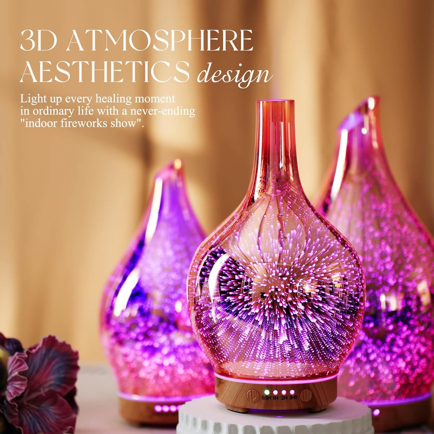 Rose Gold Essential Oil Diffuser 3D Glass Aromatherapy Ultrasonic Humidifier, Waterless Auto-Off, Timer Setting, BPA Free, Air Refresh for Home Hotel Yoga Leisure SPA Gift 100Ml